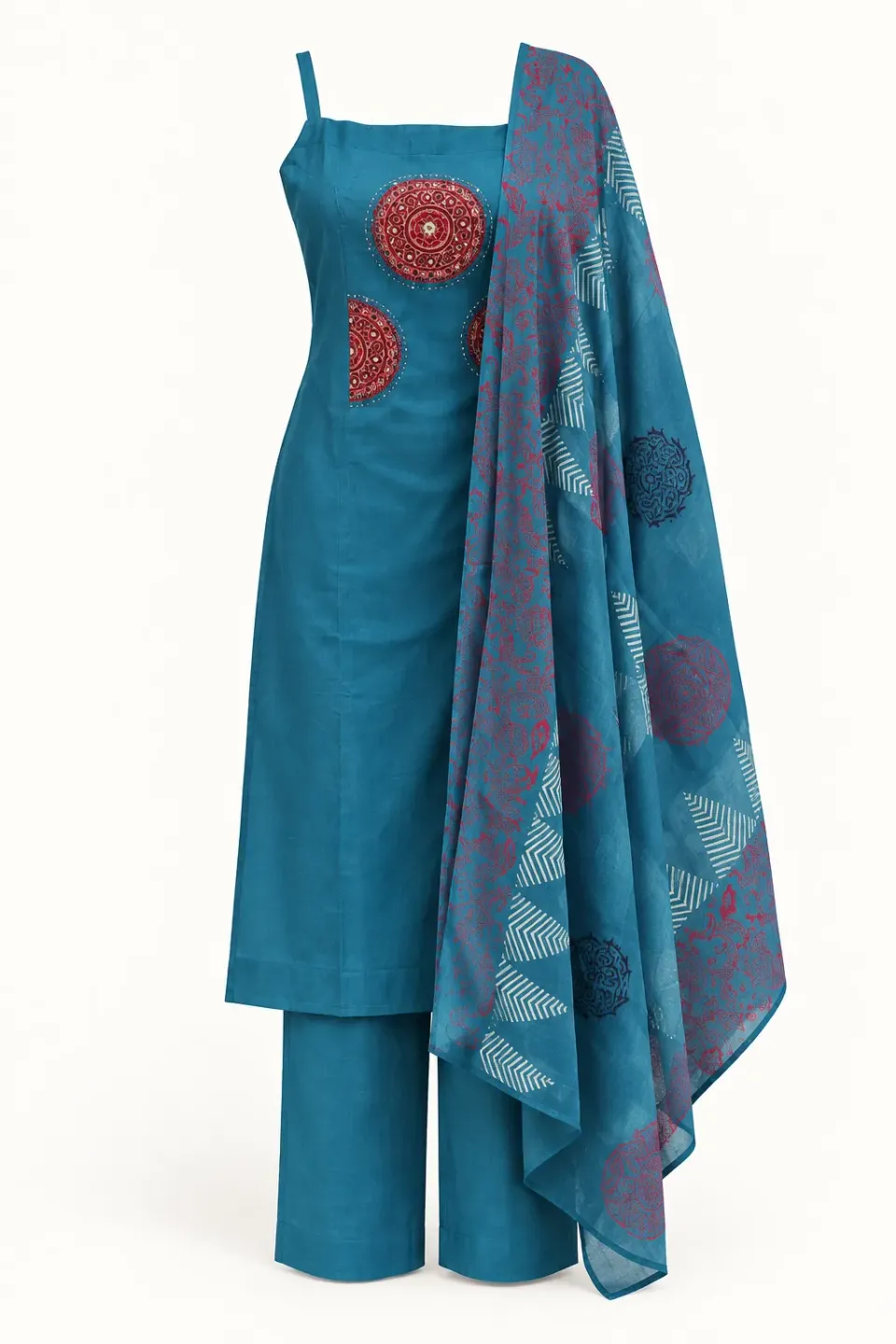 Teal Medallion Kurti Set — Full outfit, front view (studio image)