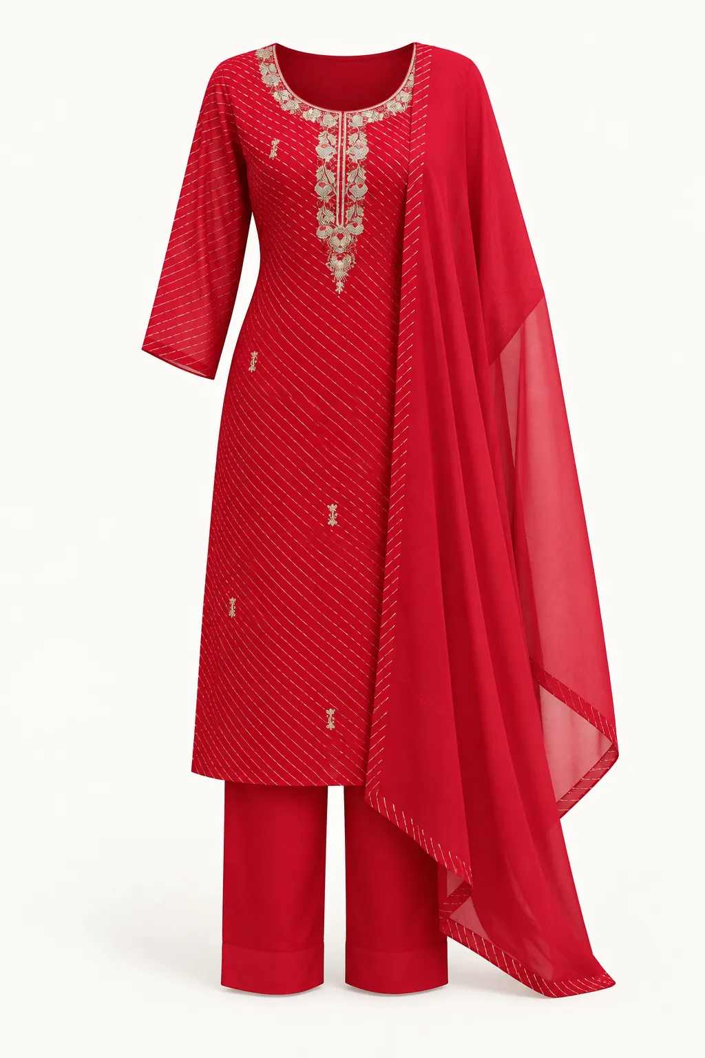 Crimson Striped Kurti Set — Full outfit, front view (studio image)