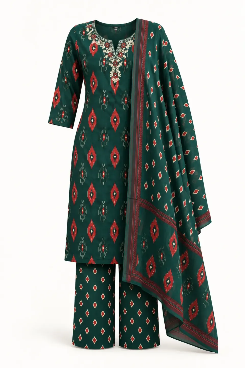 Forest Red Ikat Kurti Set — Full outfit, front view (studio image)