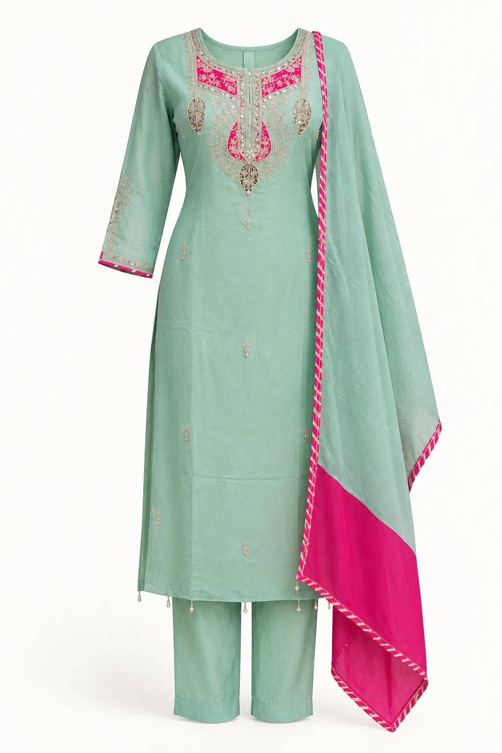Mint Pink Yoke Kurti Set — Full outfit, front view (studio image)