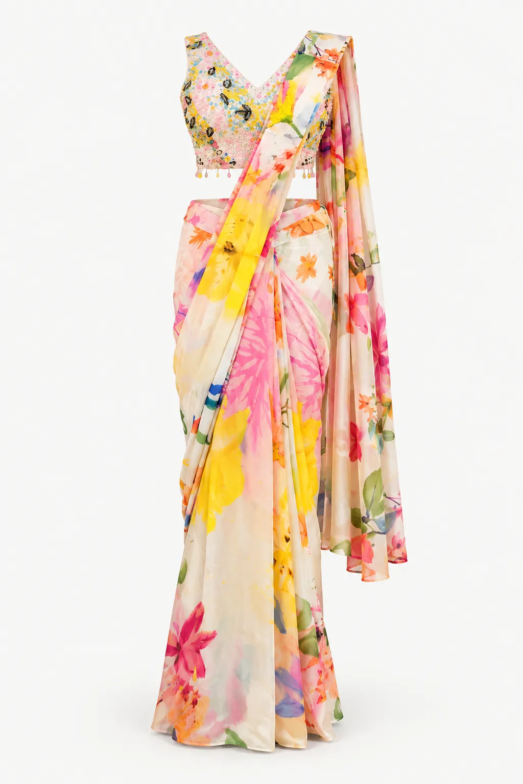 Ivory Multicolour Floral Saree — Full outfit, front view (studio image)