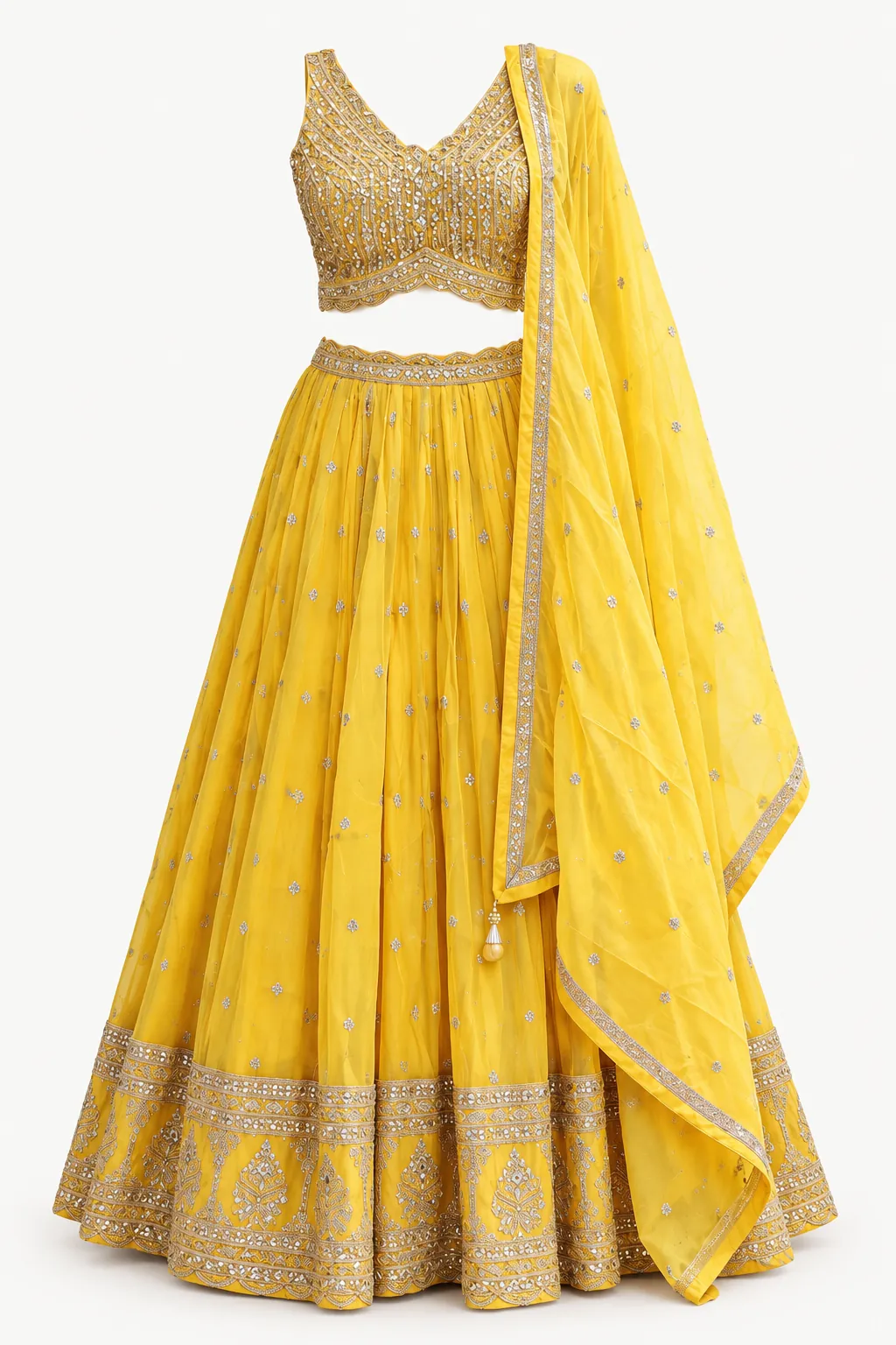 Yellow Gold Lehenga — Full outfit, front view (studio image)