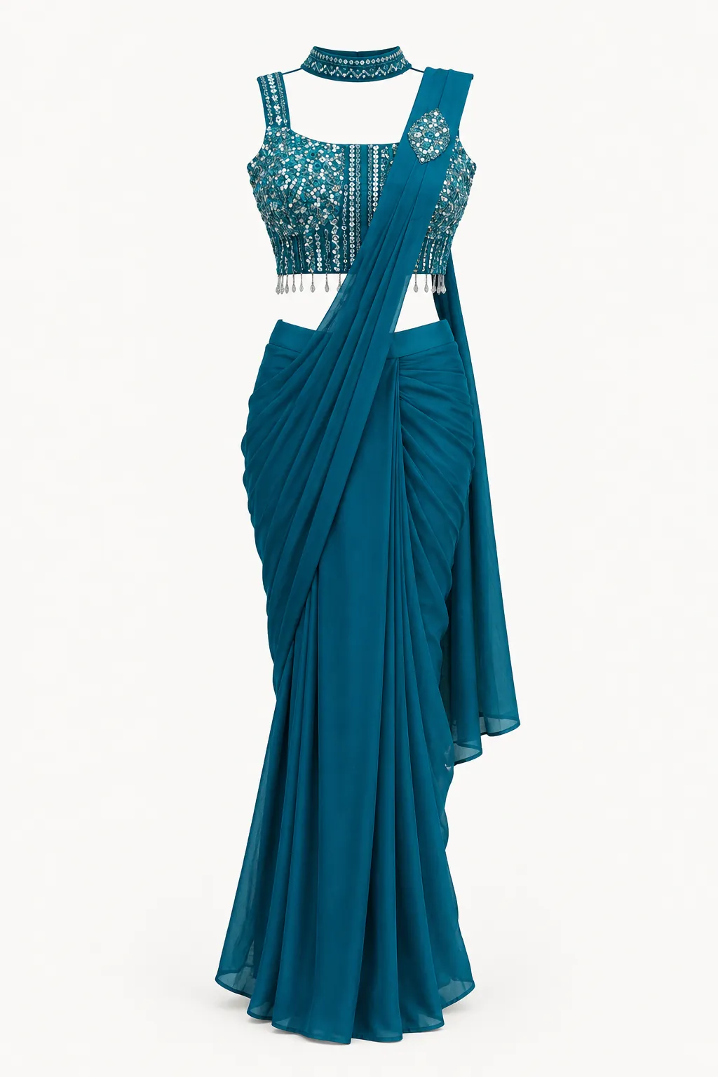 Teal Sequin Saree — Full outfit, front view (studio image)
