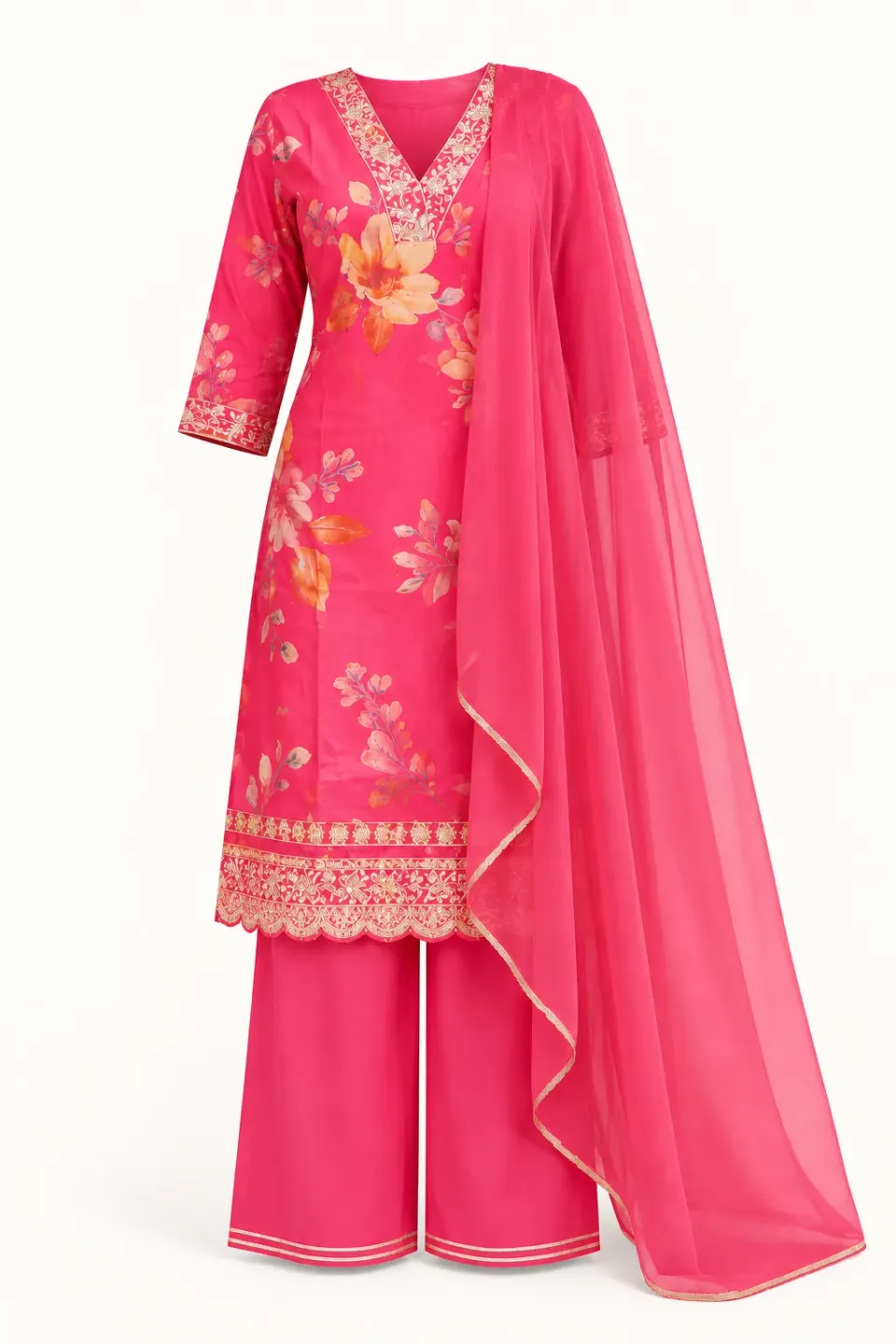 Pink Floral Kurti Set — Full outfit, front view (studio image)