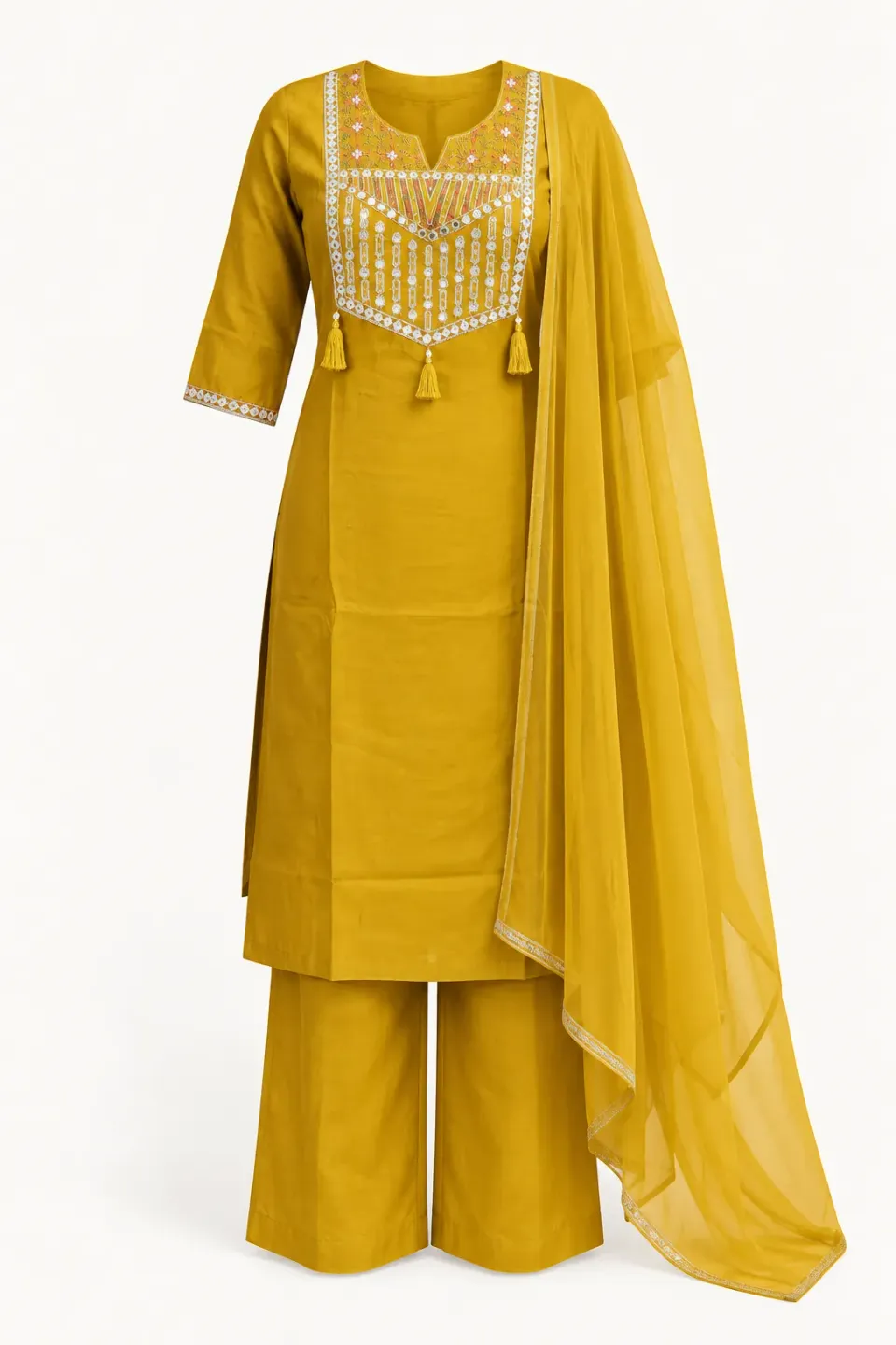 Mustard Yoke Kurti Set — Full outfit, front view (studio image)