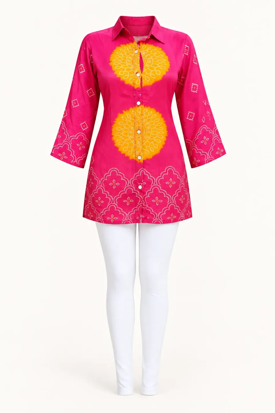 Fuchsia Sunburst Shirt — Full outfit, front view (studio image)