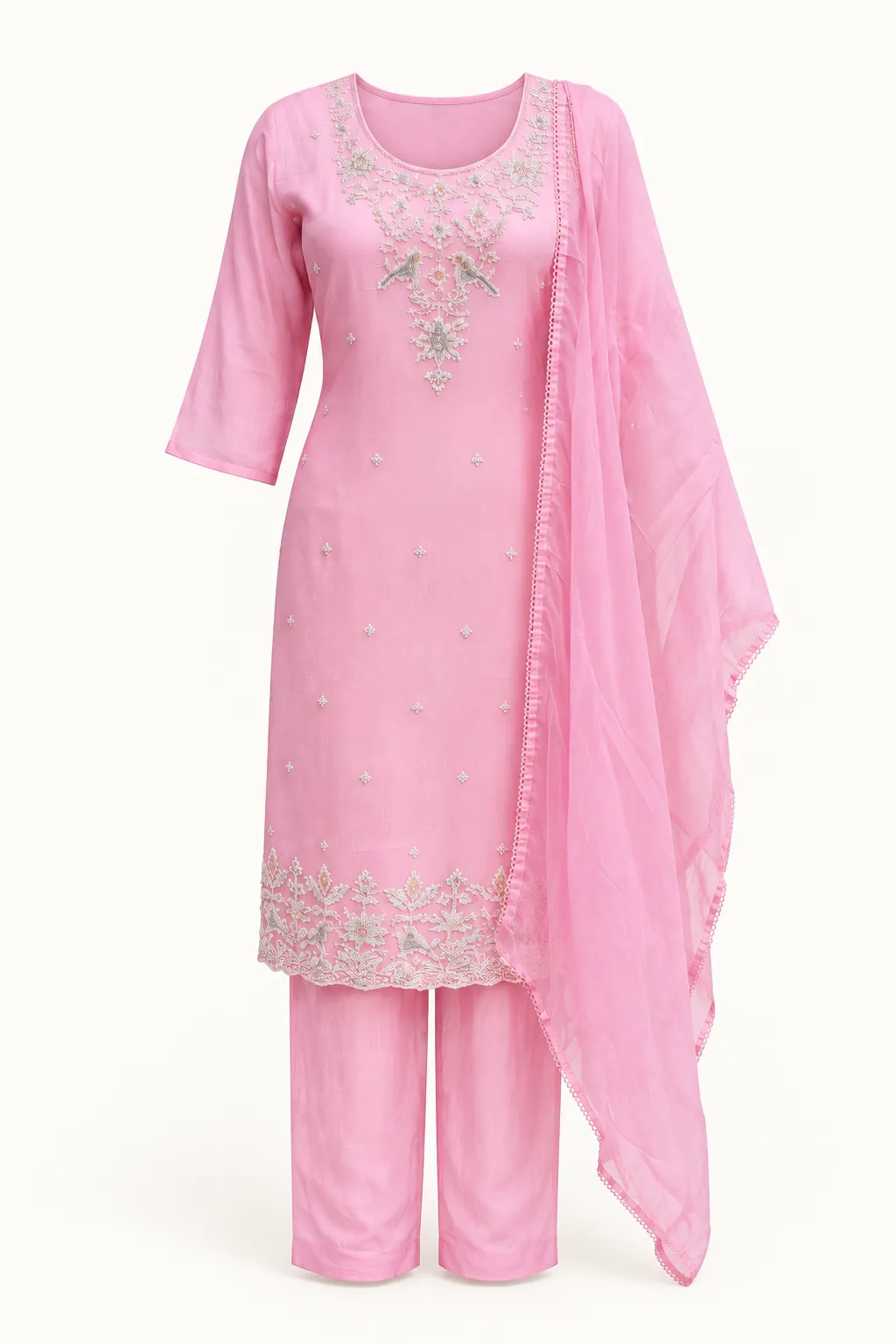 Blush Embroidered Kurti Set — Full outfit, front view (studio image)