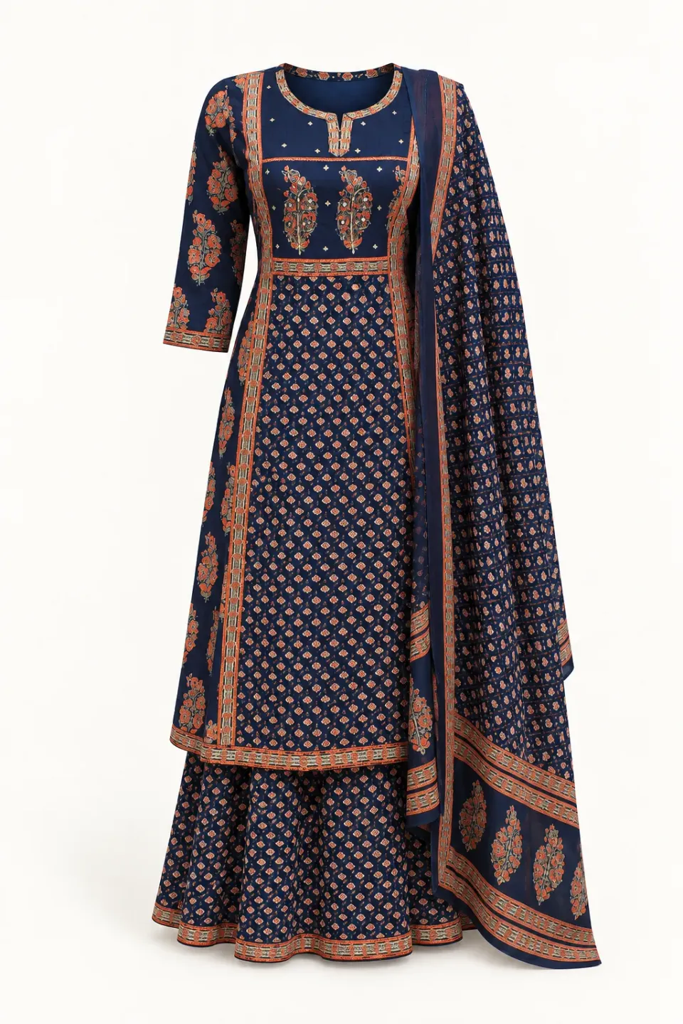 Navy Paisley Anarkali Set — Full outfit, front view (studio image)