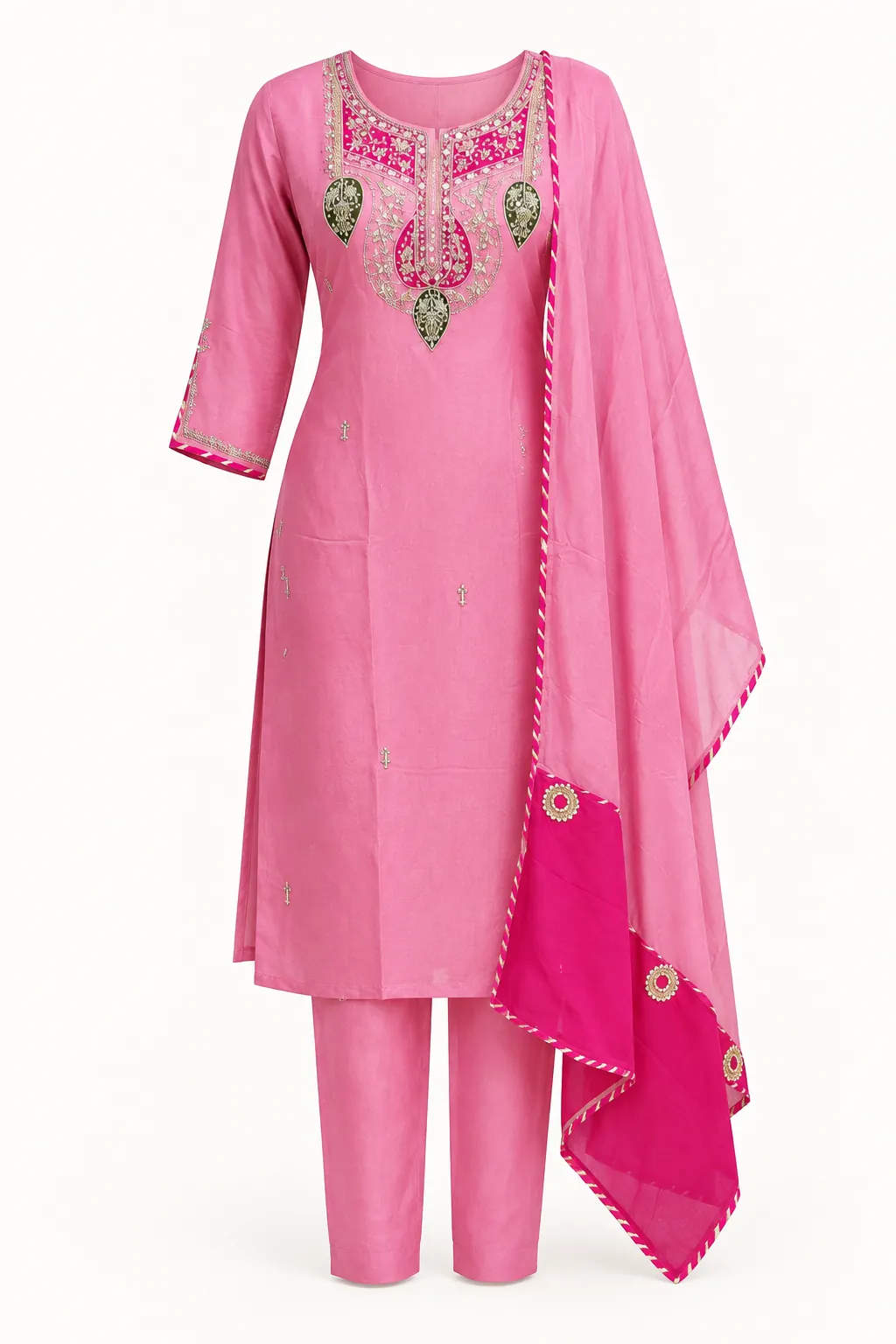 Rose Pink Yoke Kurti Set — Full outfit, front view (studio image)