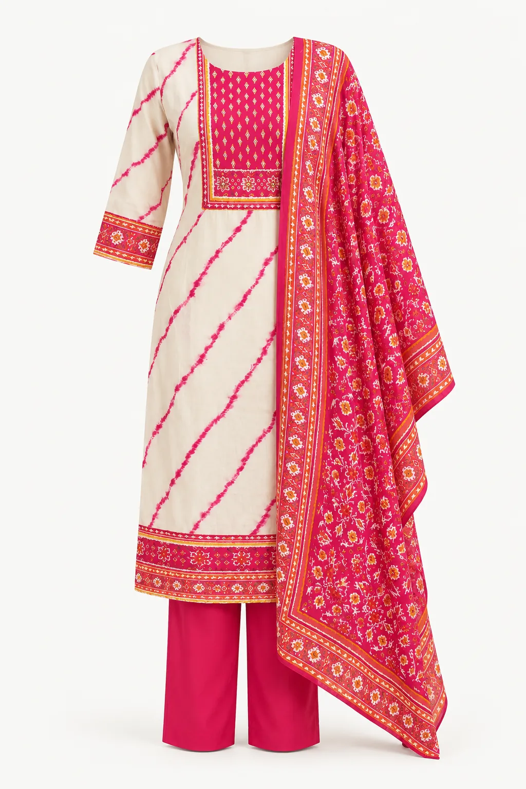 Cream Pink Geometric Kurti Set — Full outfit, front view (studio image)