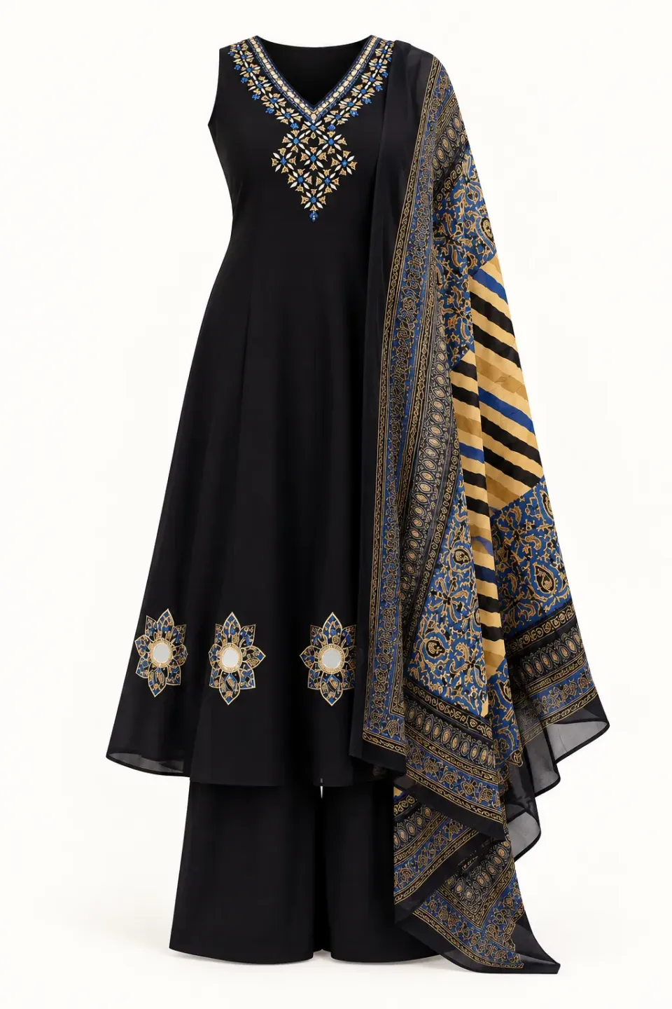 Black Blue Gold Anarkali Set — Full outfit, front view (studio image)