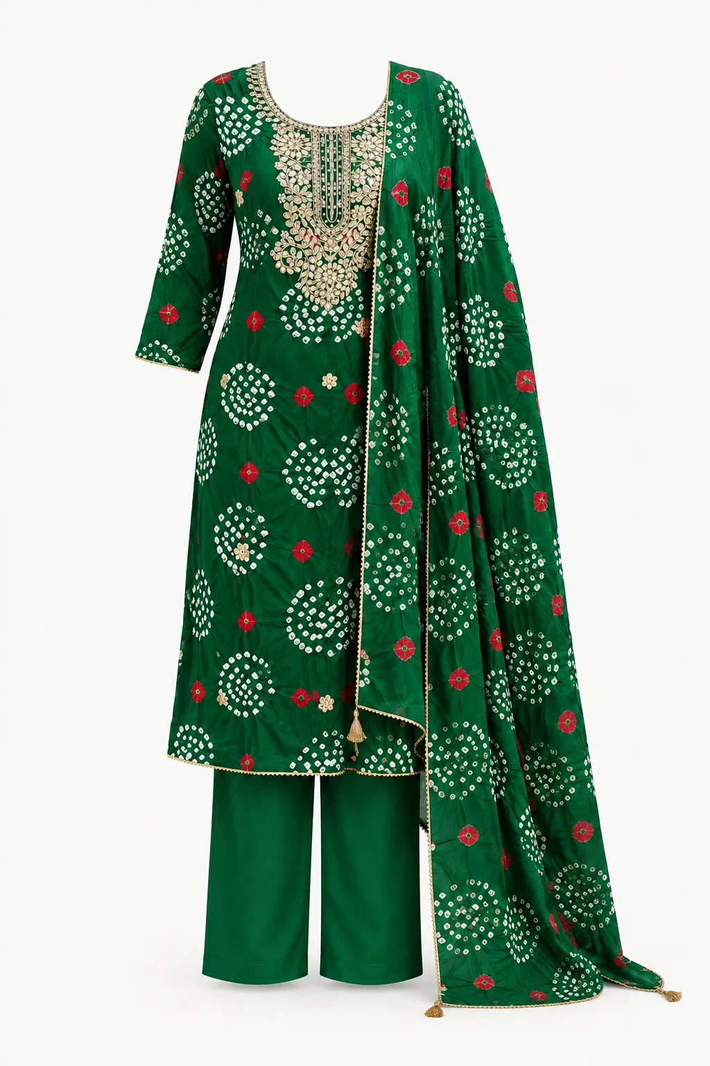 Emerald Gold Bandhani Kurti Set — Full outfit, front view (studio image)