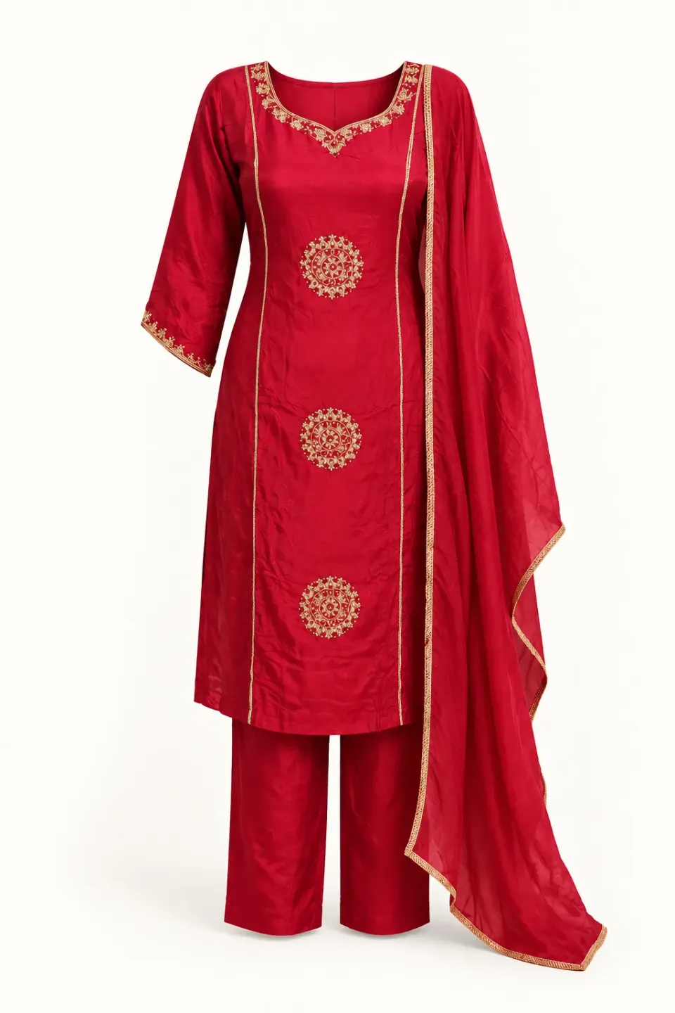 Ruby Medallion Kurti Set — Full outfit, front view (studio image)