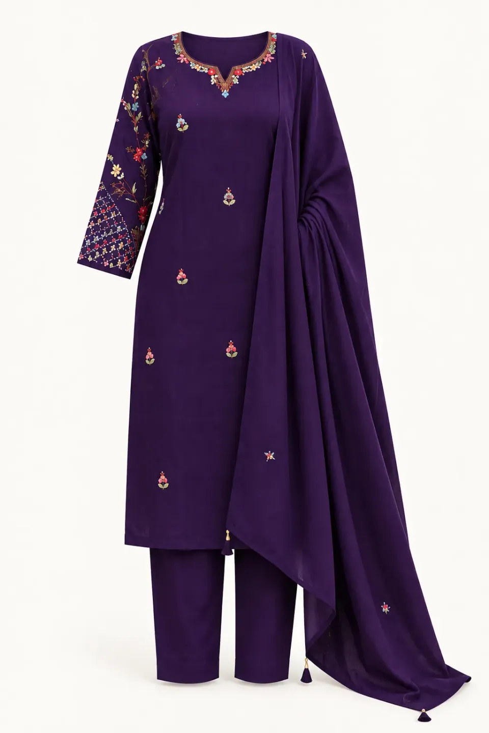 Plum Floral Kurti Set — Full outfit, front view (studio image)