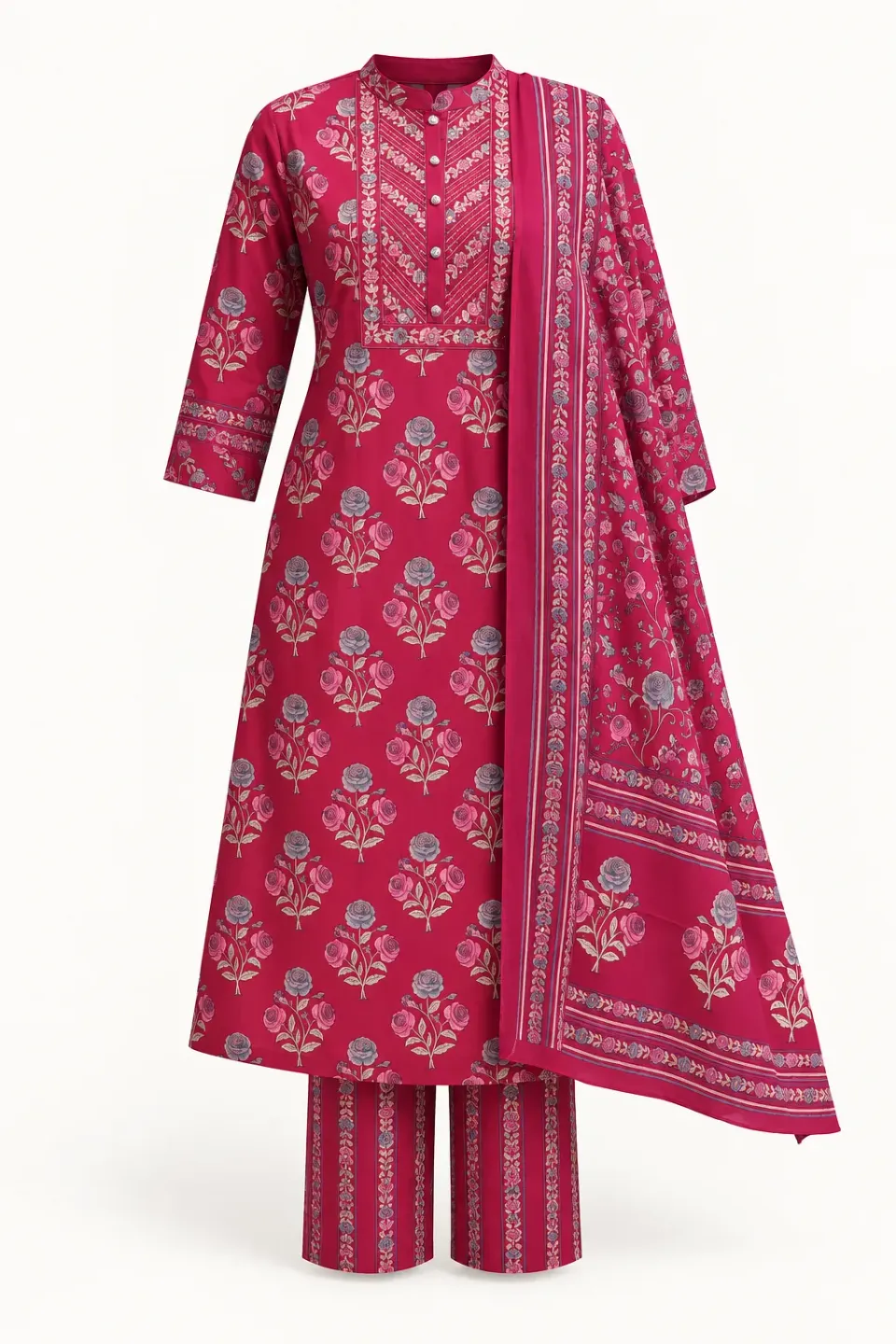 Magenta Rose Kurti Set — Full outfit, front view (studio image)