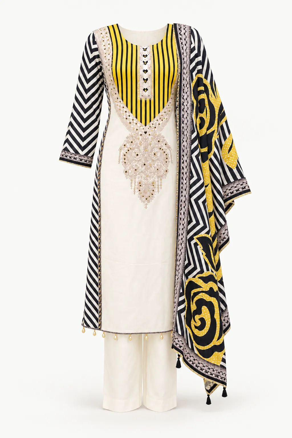 Cream Striped Yoke Kurti Set — Full outfit, front view (studio image)