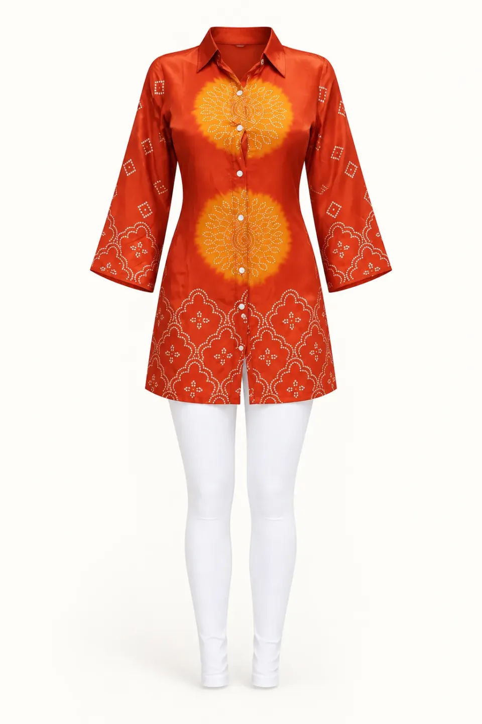 Rust Sunburst Shirt — Full outfit, front view (studio image)