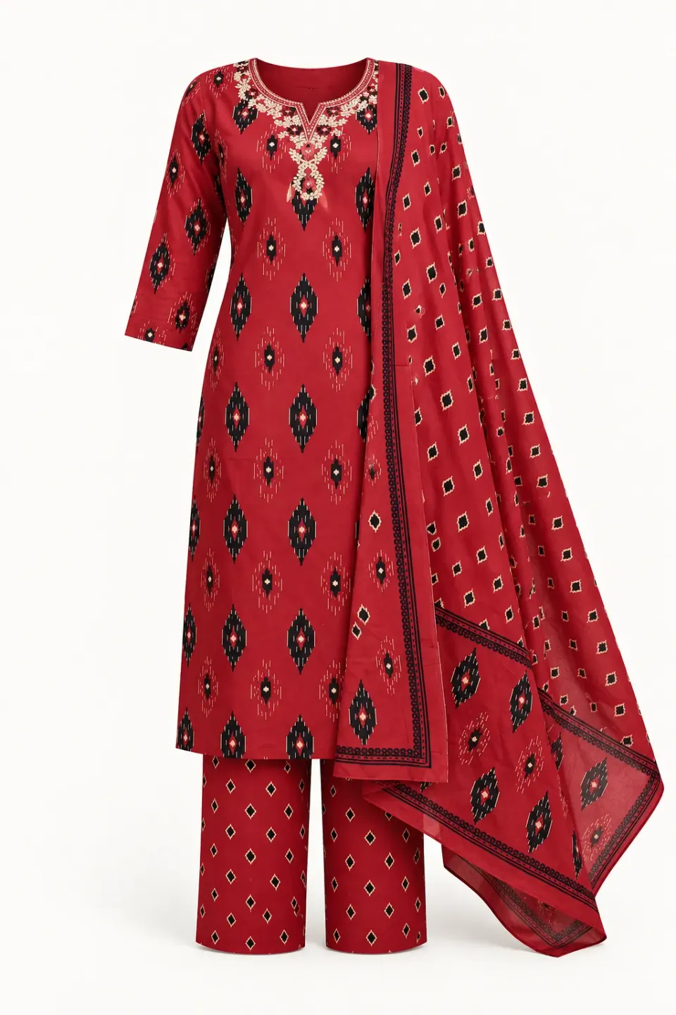 Red Black Ikat Kurti Set — Full outfit, front view (studio image)