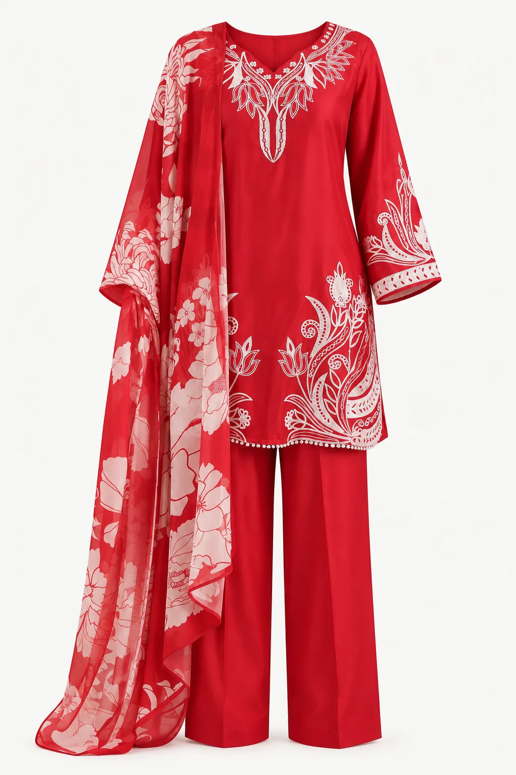 Red White Floral Kurti Set — Full outfit, front view (studio image)