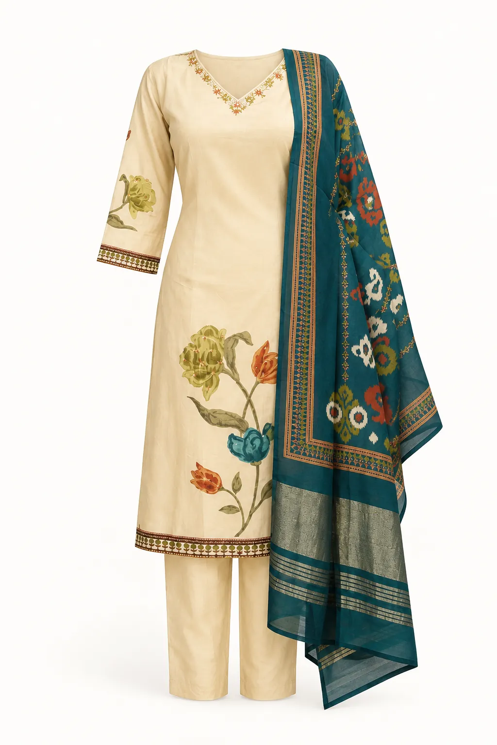 Ivory Teal Floral Kurti Set — Full outfit, front view (studio image)