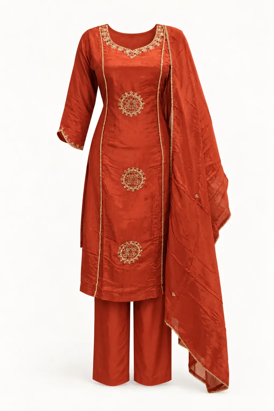 Copper Medallion Kurti Set — Full outfit, front view (studio image)