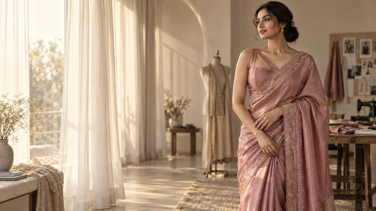 Model in a dusty rose saree in a sunlit atelier